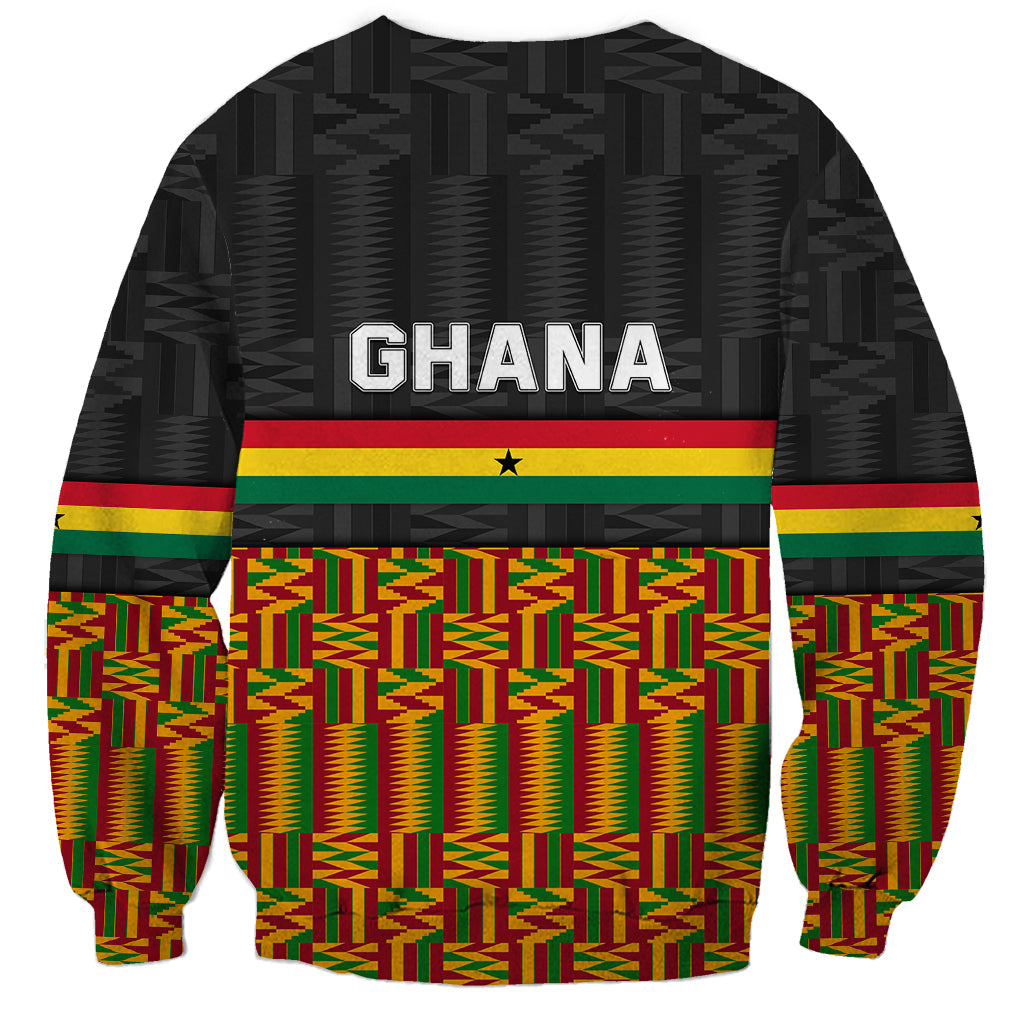 Black unisex sweatshirt with GHANA logo, red-yellow-green kente band and woven pattern