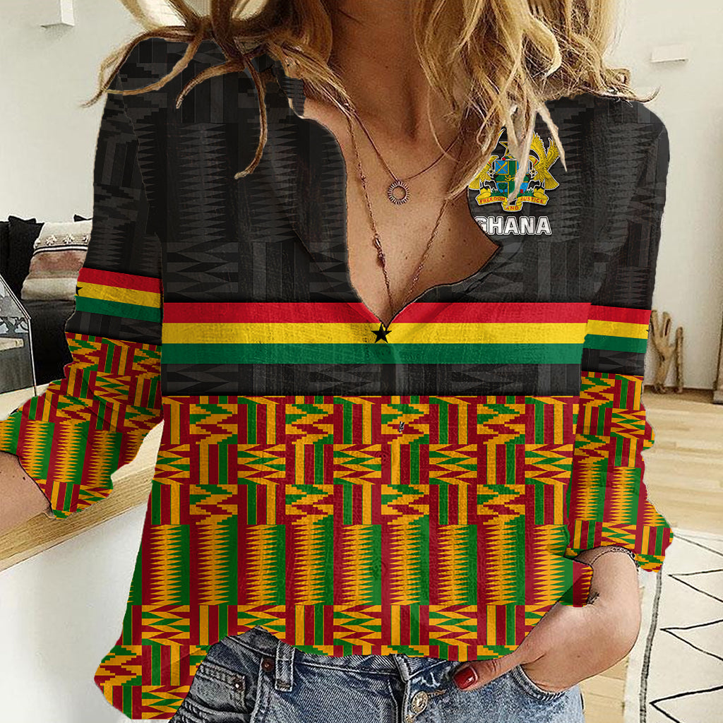 Ghana Women Casual Shirt Kente Pattern With Coat Of Arms TS06 - Wonder Print Shop