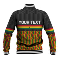 Black unisex baseball jacket back shows 'YOUR TEXT' over kente pattern and Ghana stripes