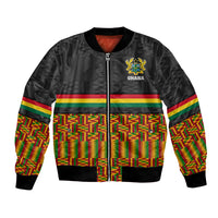 Black bomber jacket with kente pattern panels, Ghana coat of arms patch, zip front