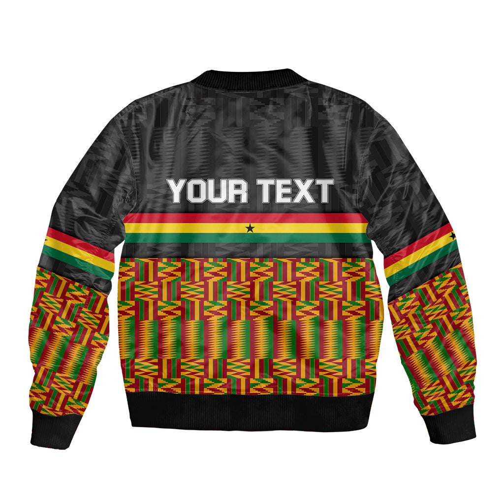 Black bomber jacket, kente stripe bands, star emblem, YOUR TEXT on back