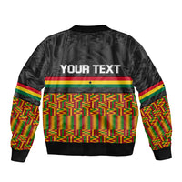 Black bomber jacket, kente stripe bands, star emblem, YOUR TEXT on back