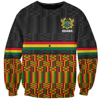 Black unisex sweatshirt with Ghana coat of arms, kente geometric pattern, striped bands