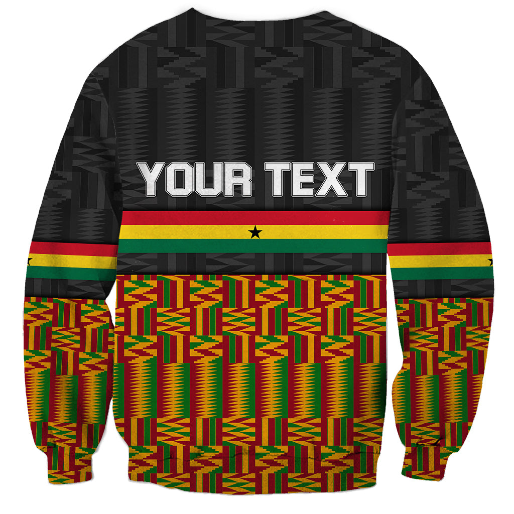 Black unisex sweatshirt with kente print and striped bands; YOUR TEXT on back