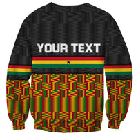 Black unisex sweatshirt with kente print and striped bands; YOUR TEXT on back