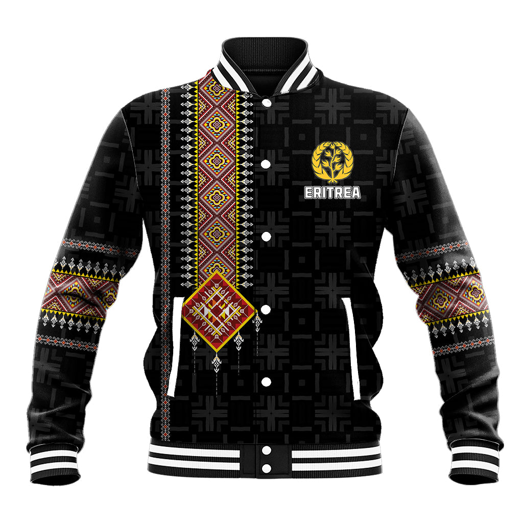 Black baseball jacket with Eritrea chest logo, striped ribbed collar, colorful patterned front