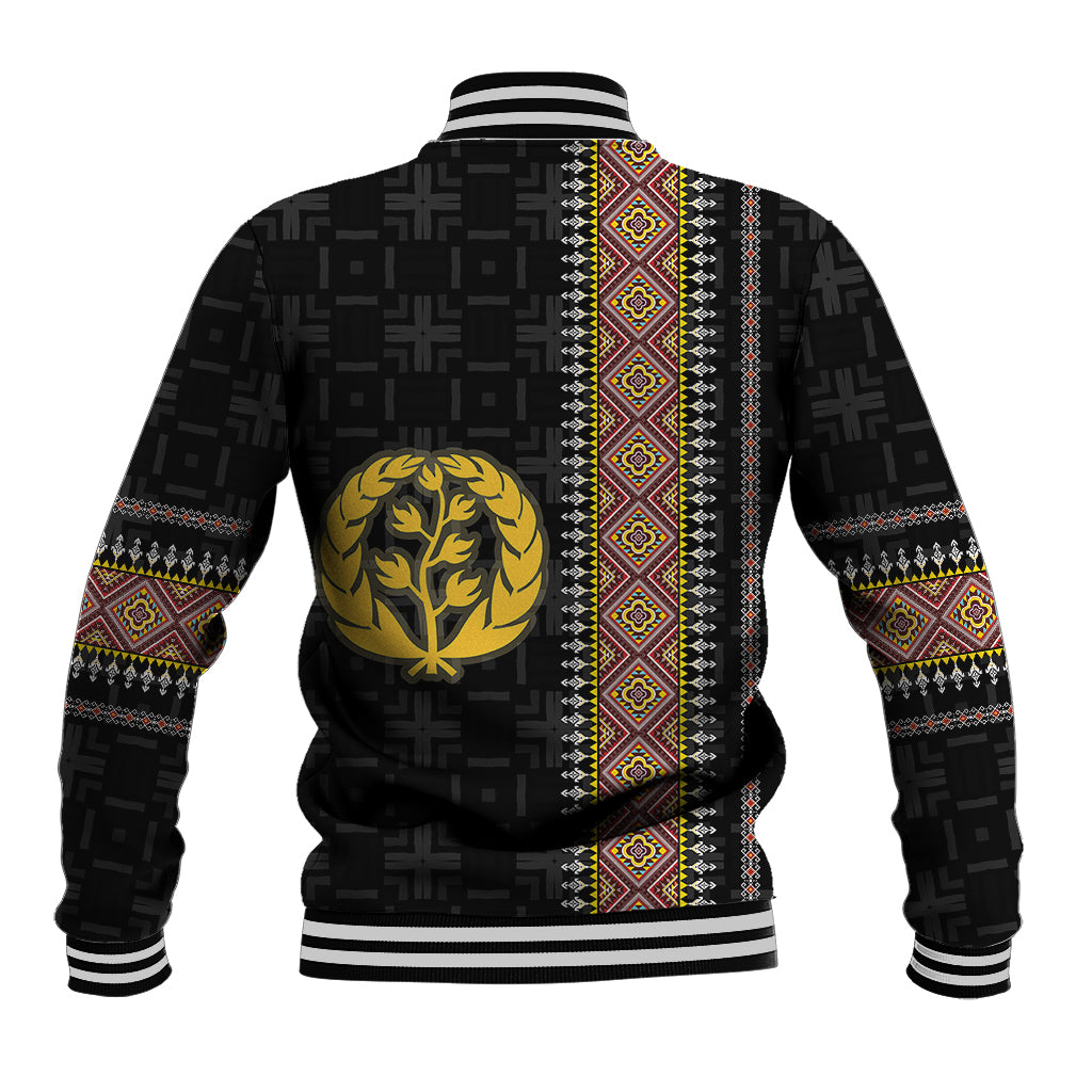 Black baseball jacket back with laurel tree crest, colorful patterned stripe panel, striped cuffs