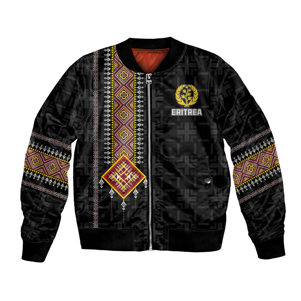 Black bomber jacket with Eritrea logo, full zip, and colorful African patterned trim