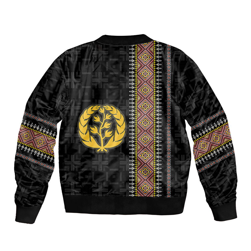 Black bomber jacket back with vertical geometric panel and gold tree emblem