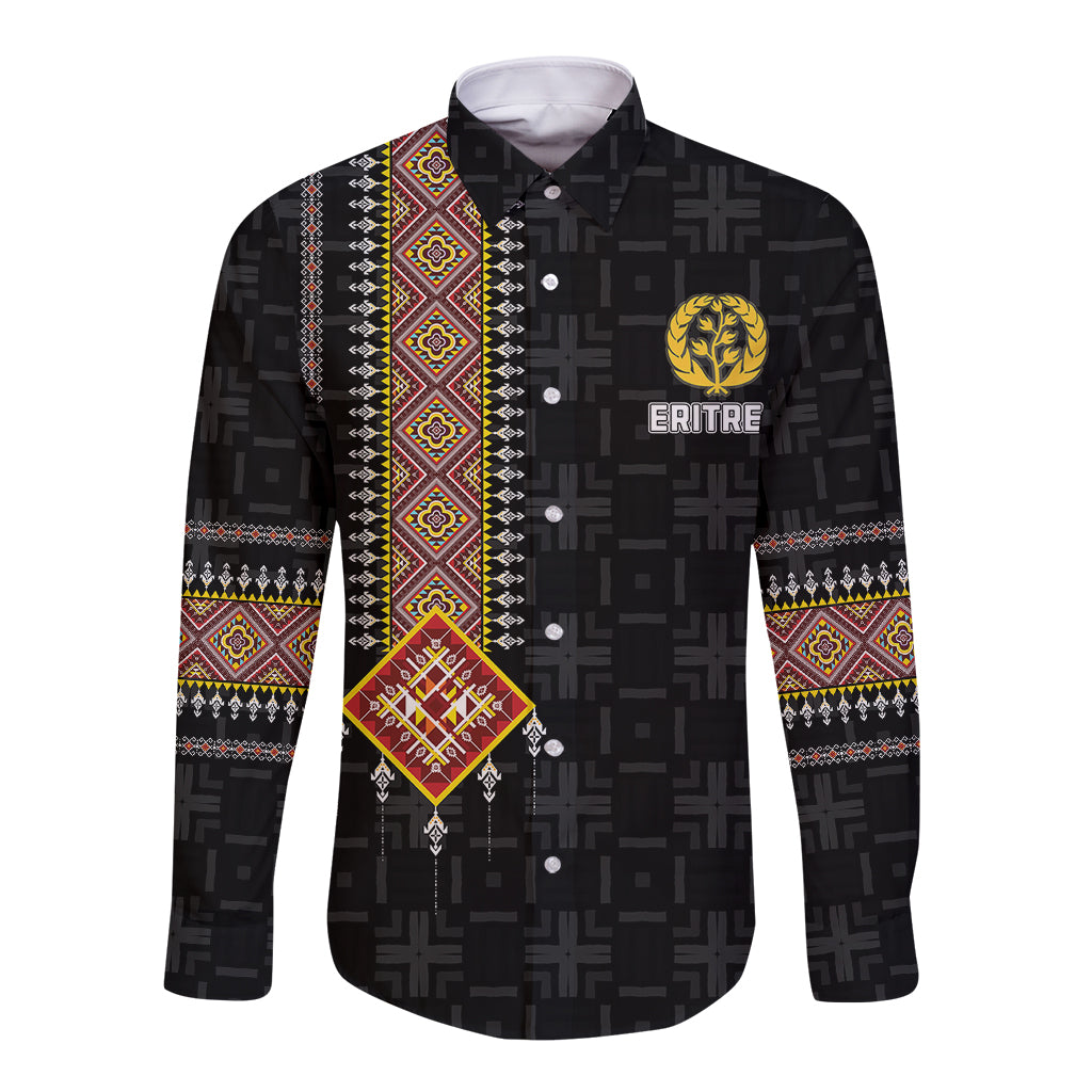 Black long-sleeve button shirt with vertical African pattern panel and front buttons