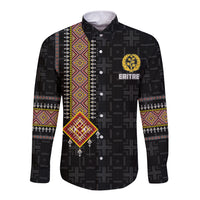 Black long-sleeve button shirt with vertical African pattern panel and front buttons
