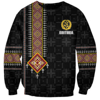Black unisex sweatshirt with patterned stripe panel, gold crest graphic, crew neck