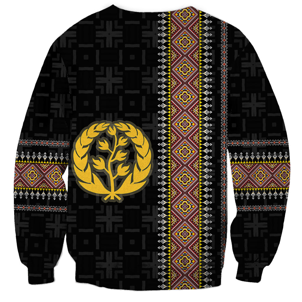 Black unisex sweatshirt with vertical decorative stripe and gold laurel emblem, crew neck