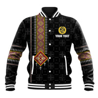 Black baseball jacket with striped rib collar, button front, and colorful vertical African pattern panel