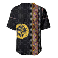 Black jersey back with vertical patterned trim and large gold tree emblem