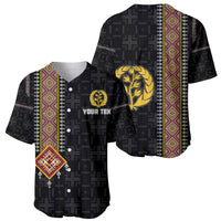 Black baseball jersey with button front, patterned trim, gold lion and tree emblems