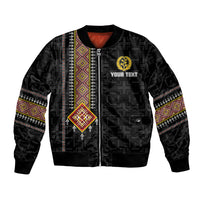 Black unisex bomber jacket with zip front, Eritrean geometric patterned stripes, pockets