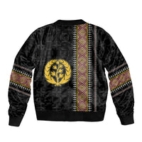 Black unisex bomber jacket back with gold laurel emblem and Eritrean striped panel