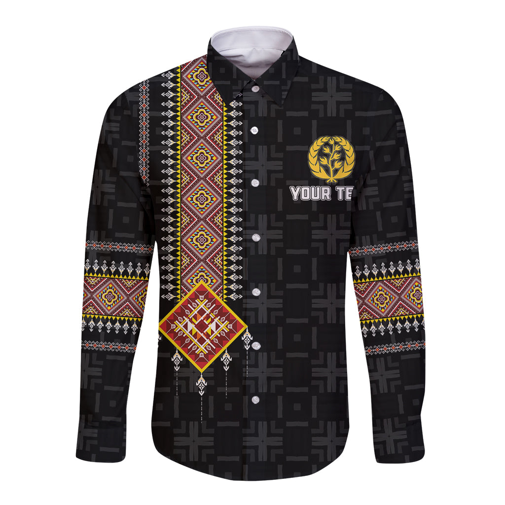 Black long-sleeve button shirt with African pattern trim and gold emblem on front