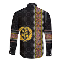 Black long-sleeve button shirt with African pattern stripe and gold emblem on back