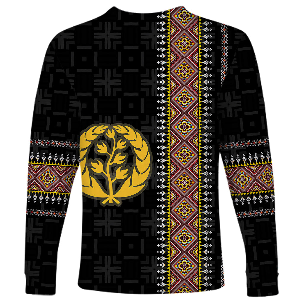 Black long-sleeve Eritrea Habesha shirt with vertical geometric stripe and large gold tree emblem