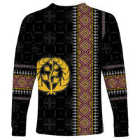 Black long-sleeve Eritrea Habesha shirt with vertical geometric stripe and large gold tree emblem