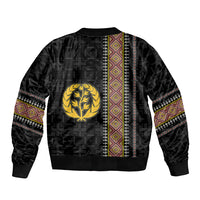 Black unisex bomber jacket with back vertical stripe panel, gold tree emblem, sleeve trim