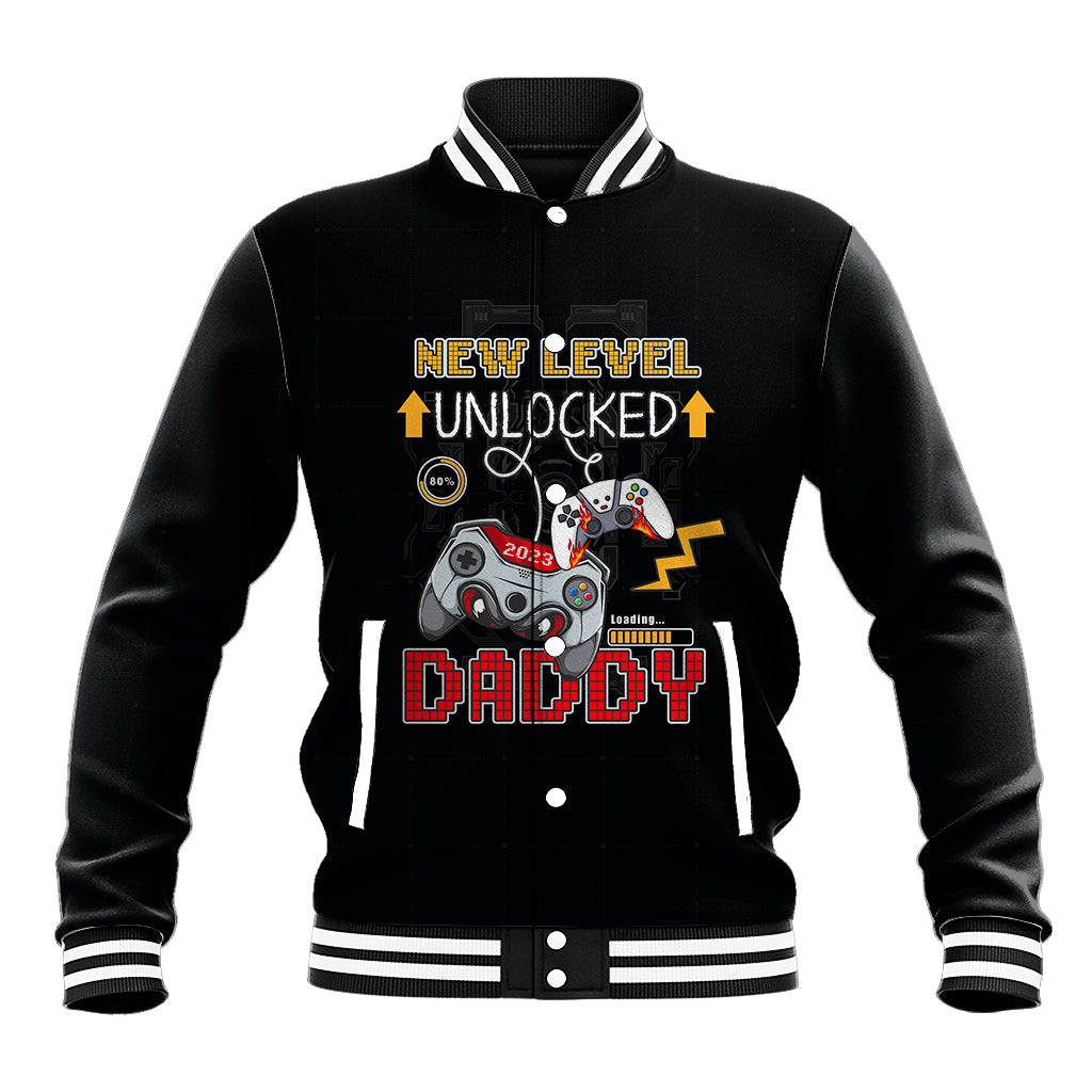 Black baseball jacket with striped collar and gaming-themed front graphic.