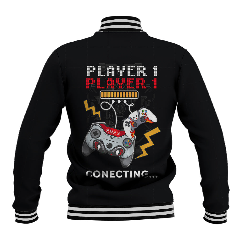 Black baseball jacket with striped trim and Player 1 gaming back graphic.