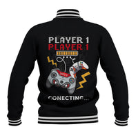 Black baseball jacket with striped trim and Player 1 gaming back graphic.