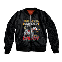 Black unisex bomber jacket, front zip, 'New Level Unlocked' gamer graphic