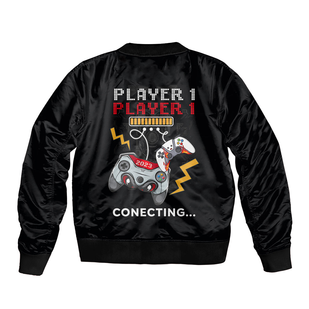 Black unisex bomber jacket, back graphic with game controller and 'Connecting…' text