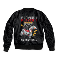 Black unisex bomber jacket, back graphic with game controller and 'Connecting…' text