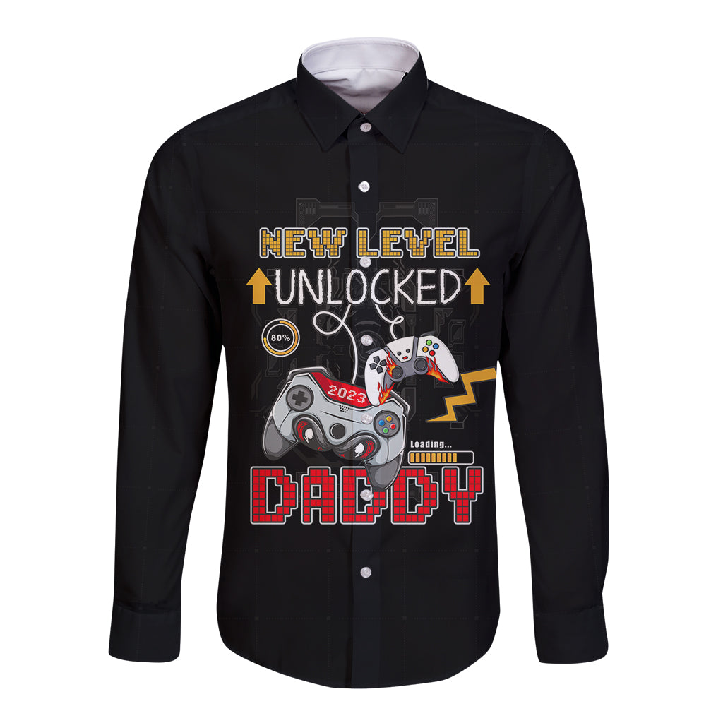 Black long-sleeve button shirt with gamer graphic front, “New Level Unlocked”