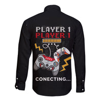 Black long-sleeve button shirt with gamer graphic back, “Player 1” and “Connecting...”