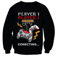 Black crewneck sweatshirt with back graphic: Player 1 text, controller art, and “Connecting…”