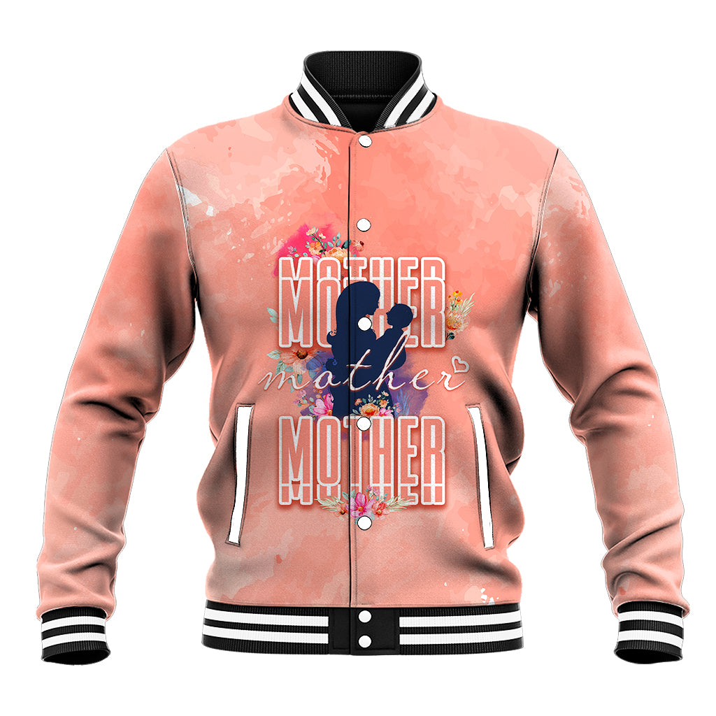 Pink baseball jacket with snap buttons, striped collar and cuffs, floral mother graphic