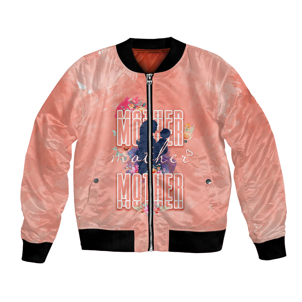 Pink bomber jacket with black ribbing, zip front, floral mother graphic