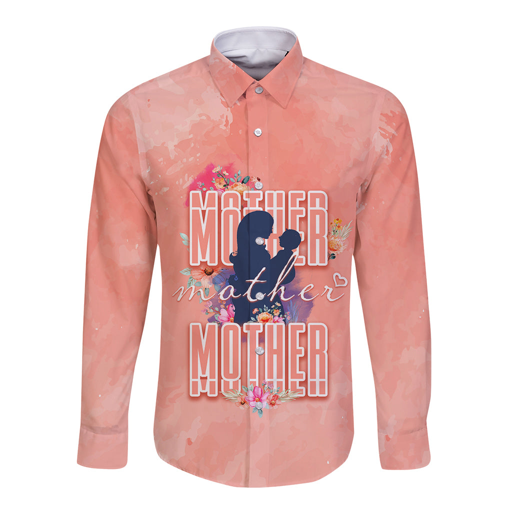 Pink long-sleeve button-up shirt with floral graphic and point collar