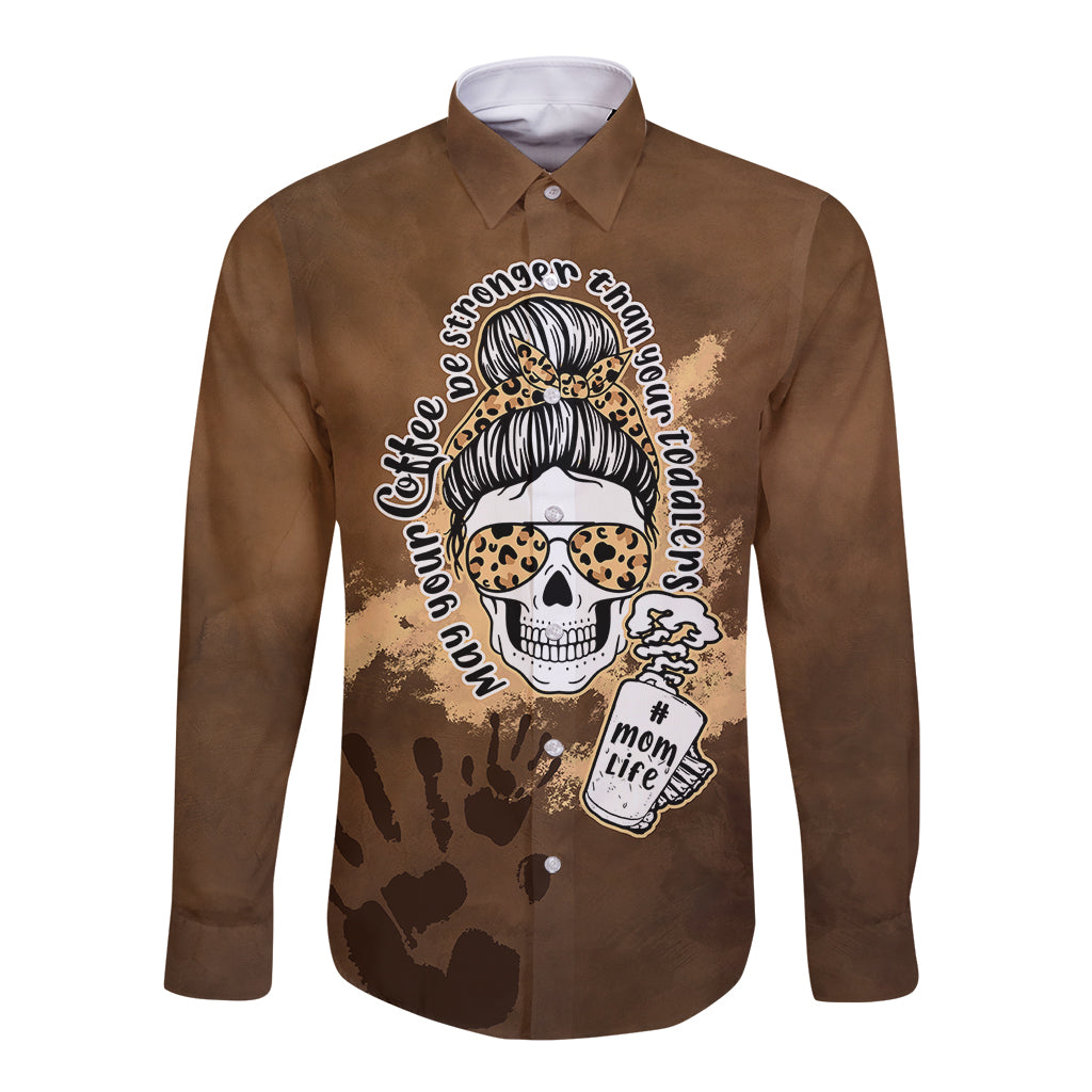 Brown long sleeve button shirt with front skull coffee graphic