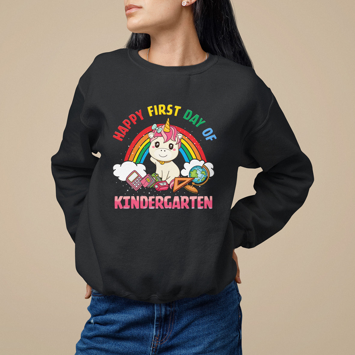 Happy First Day of Kindergarten sweatshirt, black with unicorn rainbow front print