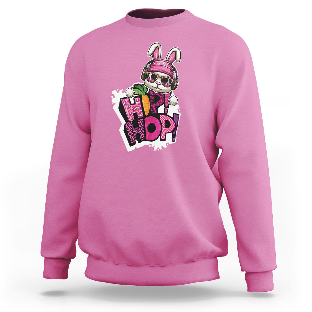 Azalea pink crewneck sweatshirt with colorful bunny graphic on chest, long sleeves.