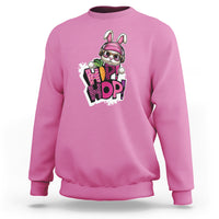 Azalea pink crewneck sweatshirt with colorful bunny graphic on chest, long sleeves.