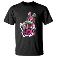 Black crew neck T-shirt with pink bunny hip hop graphic print on front