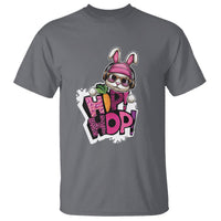 Charcoal crew neck T-shirt with pink bunny hip hop graphic print on front