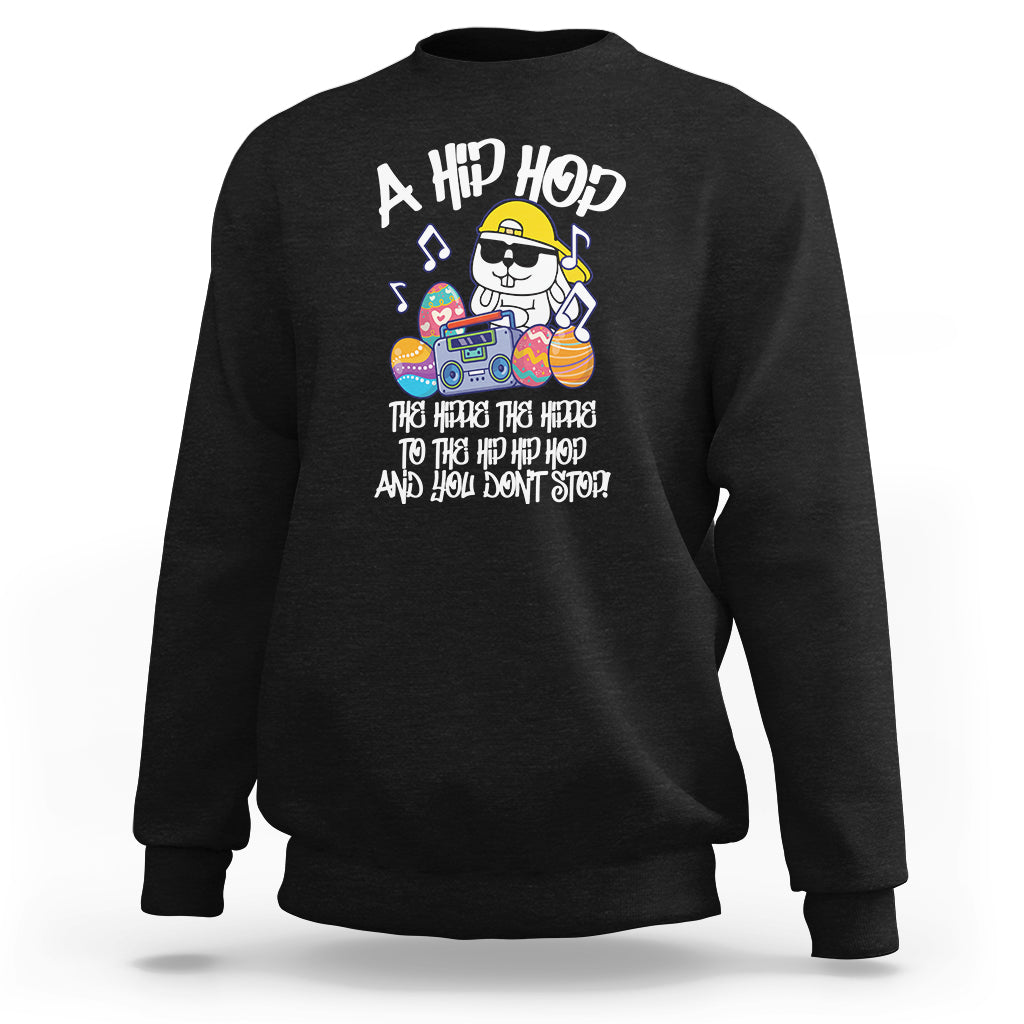 Black crewneck sweatshirt with hip hop panda graphic wearing yellow cap and headphones