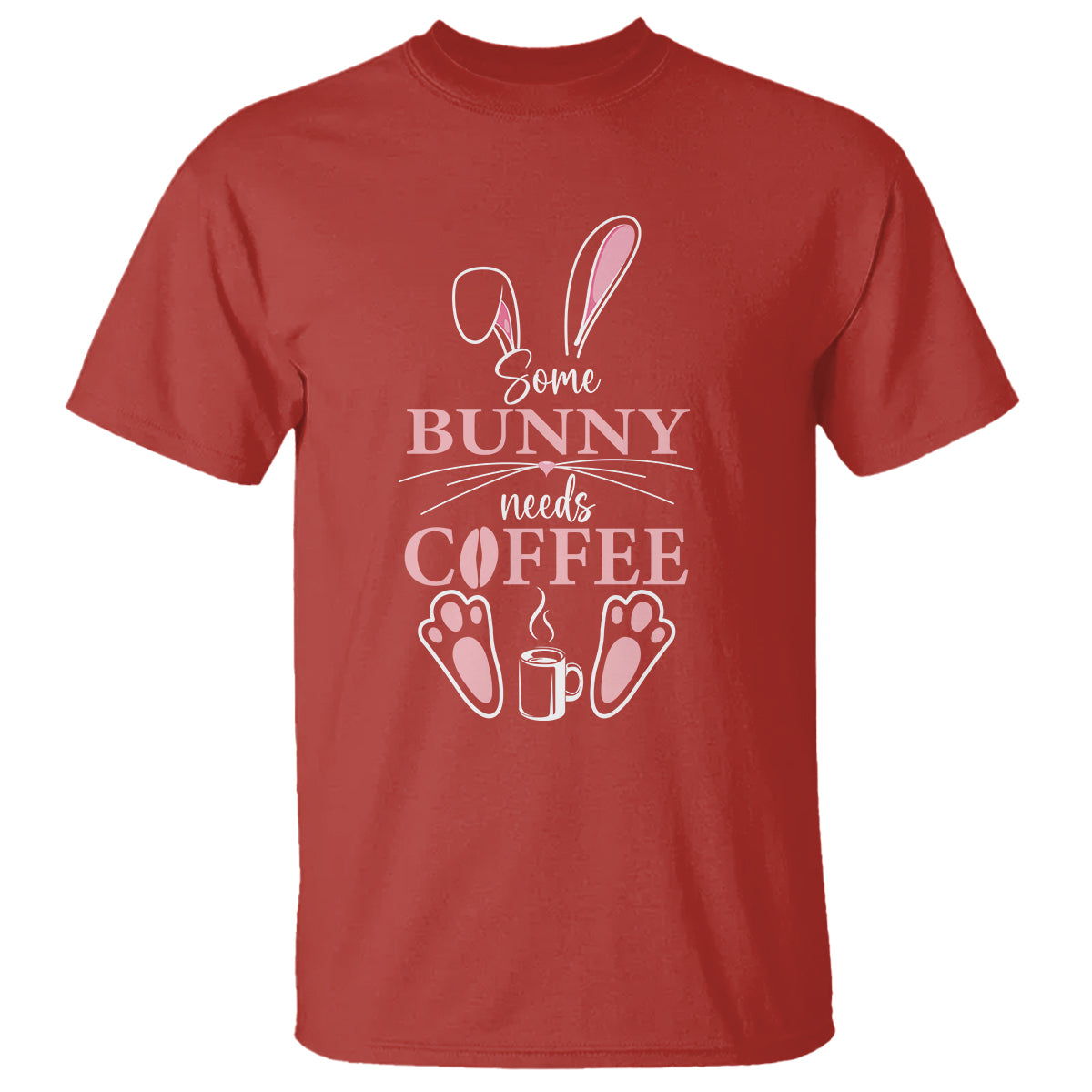 Red crewneck t-shirt with bunny 'needs coffee' graphic.
