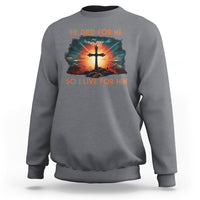 Charcoal gray Christian sweatshirt with front cross sunrise graphic and “He died for me” text