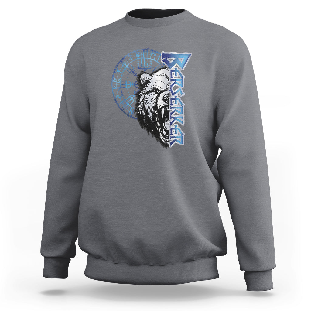 Charcoal gray crewneck sweatshirt with blue rune bear head front graphic