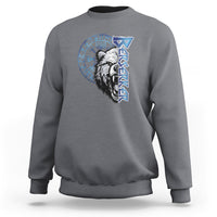 Charcoal gray crewneck sweatshirt with blue rune bear head front graphic